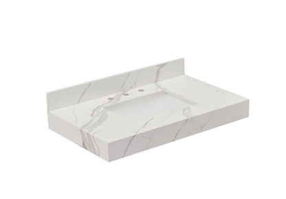 36"  Sintered Stone Vanity Top in Calacatta White Apron with White Sink