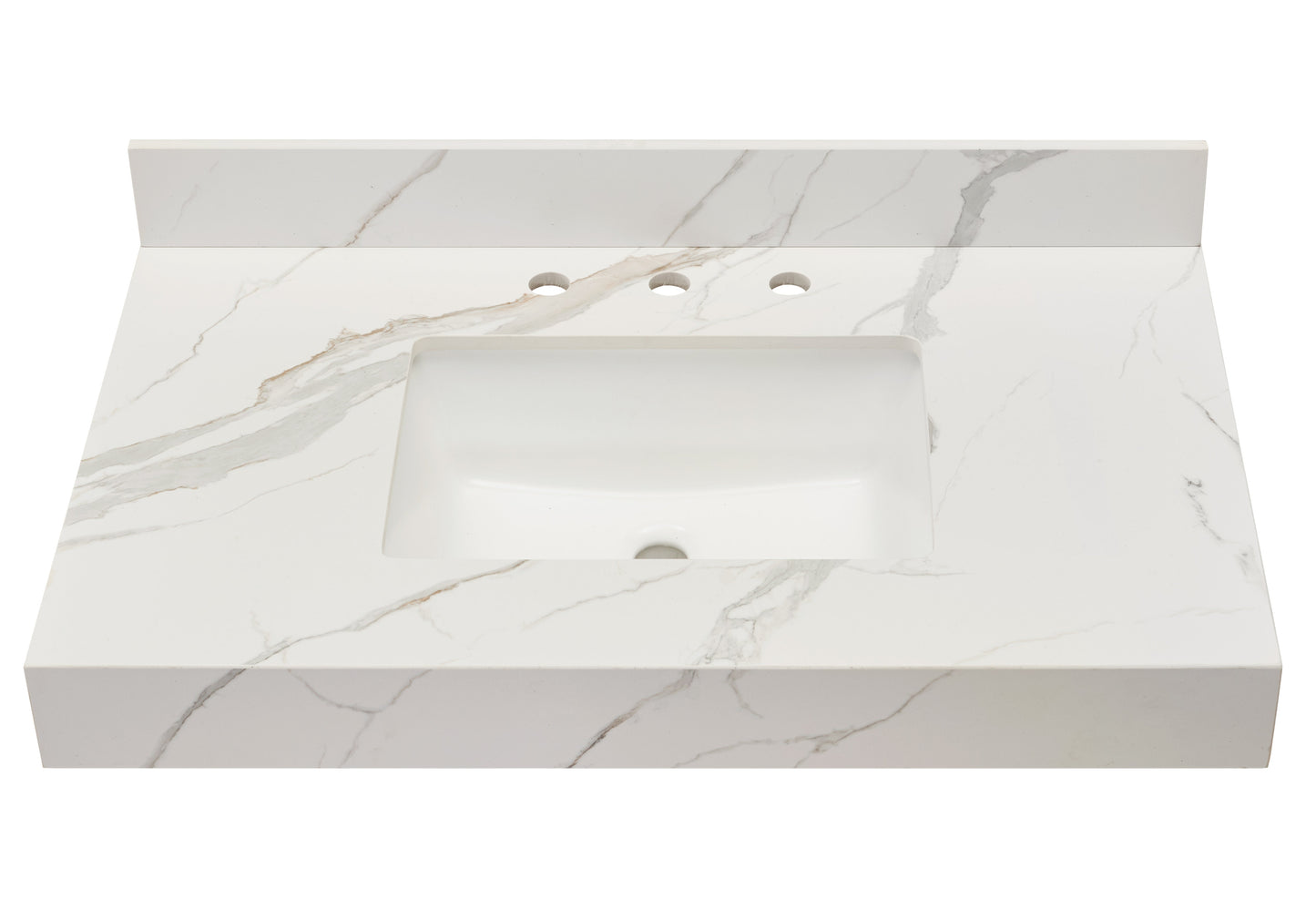 36"  Sintered Stone Vanity Top in Calacatta White Apron with White Sink