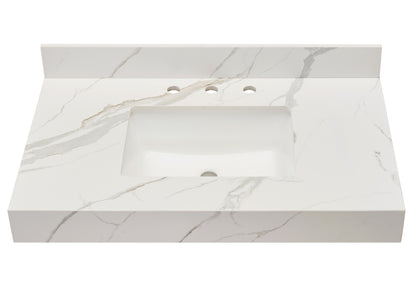 36"  Sintered Stone Vanity Top in Calacatta White Apron with White Sink