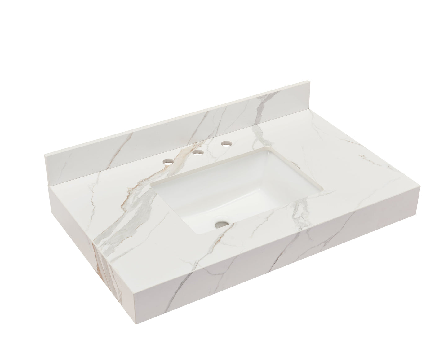 36"  Sintered Stone Vanity Top in Calacatta White Apron with White Sink