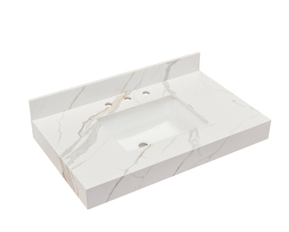 36"  Sintered Stone Vanity Top in Calacatta White Apron with White Sink