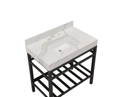 36"  Sintered Stone Vanity Top in Calacatta White Apron with White Sink