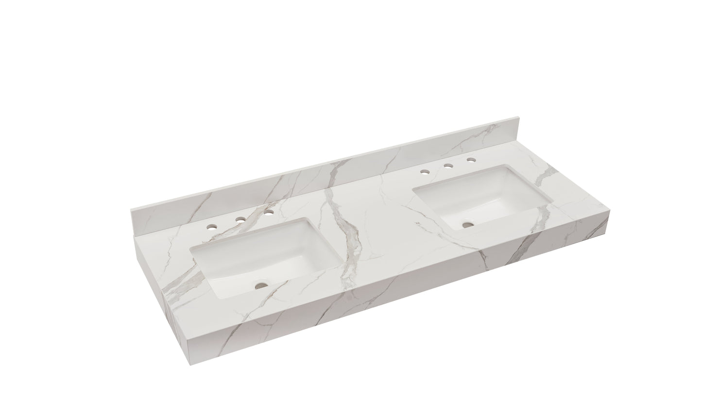 60"  Sintered Stone Vanity Top in Calacatta White Apron with White Sink
