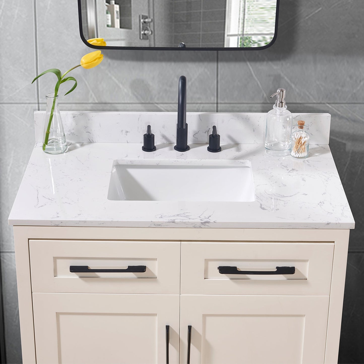 37"  Composite Stone Vanity Top in Aosta White with White Sink