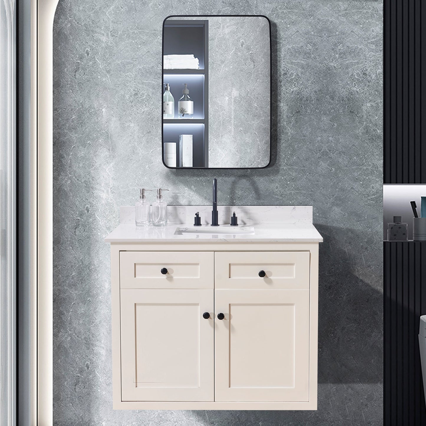 43"  Composite Stone Vanity Top in Aosta White with White Sink