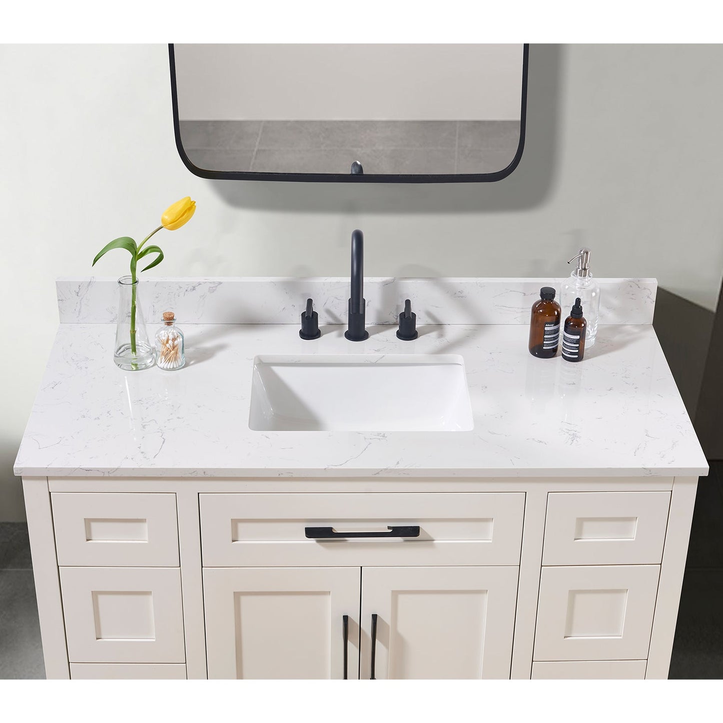 49"  Composite Stone Vanity Top in Aosta White with White Sink