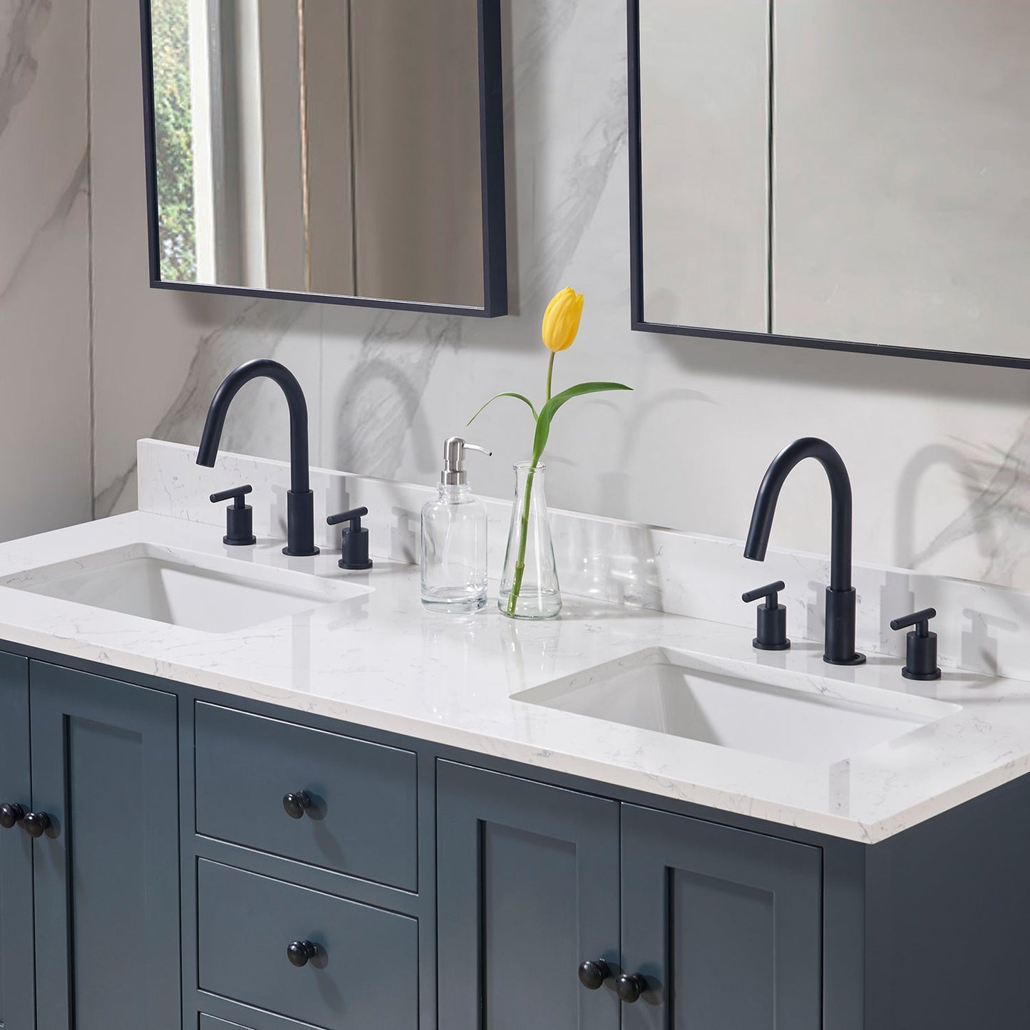 61"  Composite Stone Vanity Top in Aosta White with Double White Sink