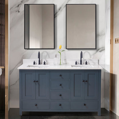 61"  Composite Stone Vanity Top in Aosta White with Double White Sink