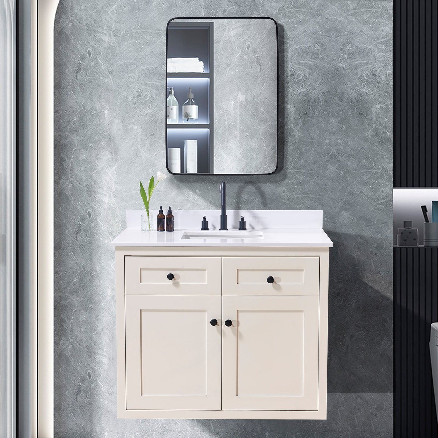 43"  Composite Stone Vanity Top in Snow White with White Sink