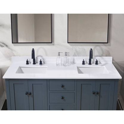 61"  Composite Stone Vanity Top in Snow White with Double White Sink