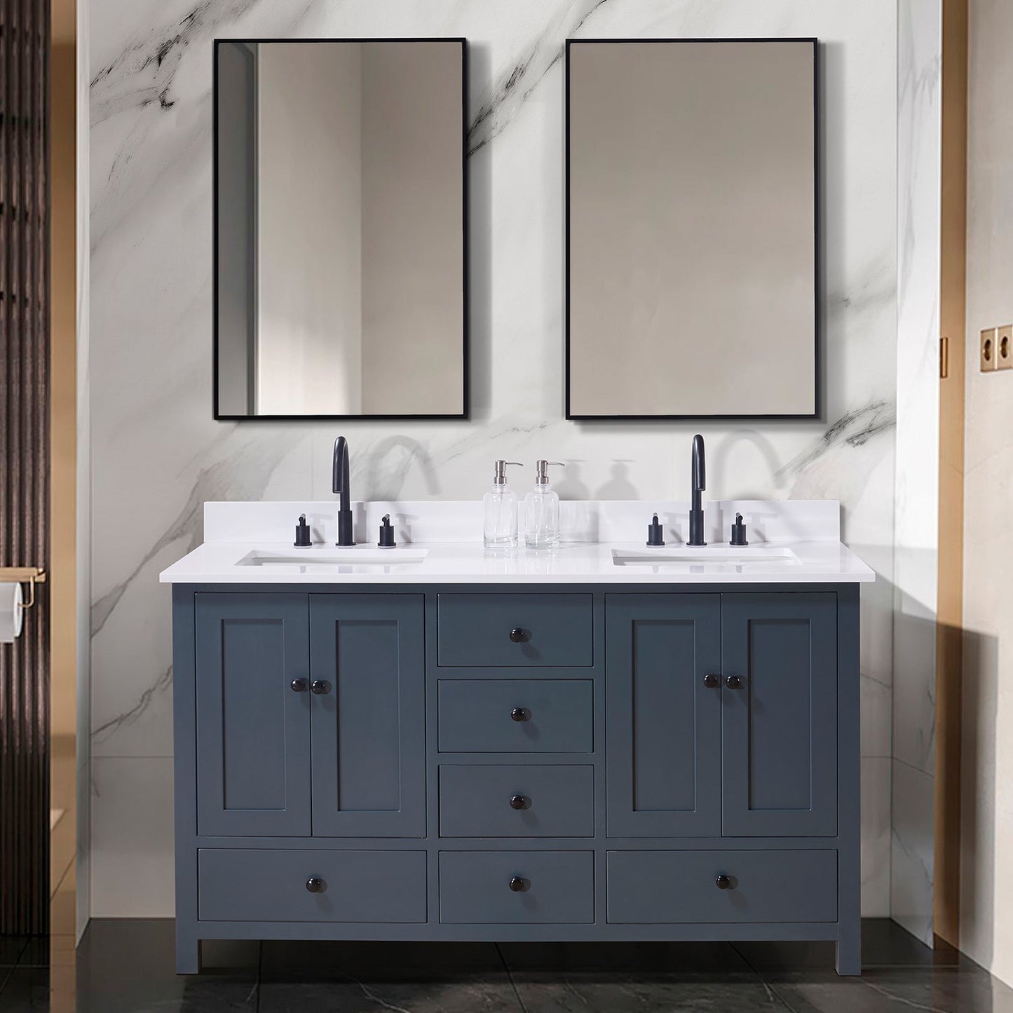 61"  Composite Stone Vanity Top in Snow White with Double White Sink