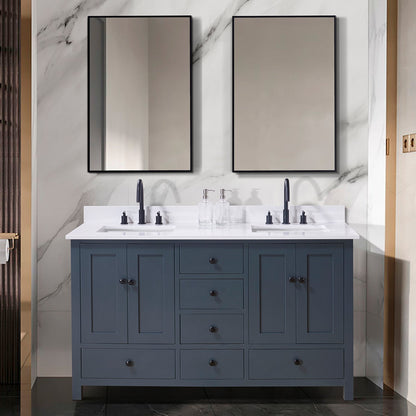 61"  Composite Stone Vanity Top in Snow White with Double White Sink