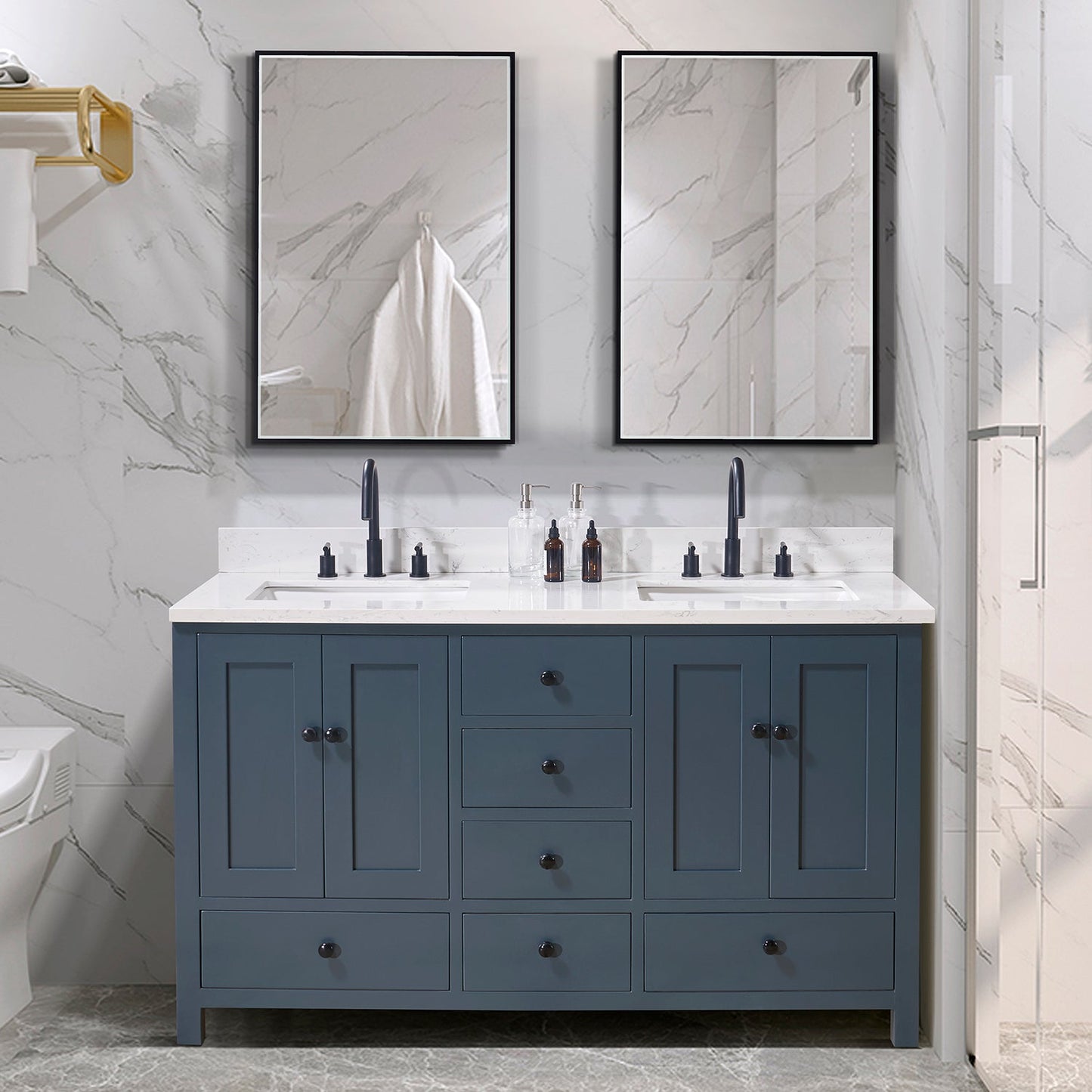 61"  Composite Stone Vanity Top in Aosta White with White Sink