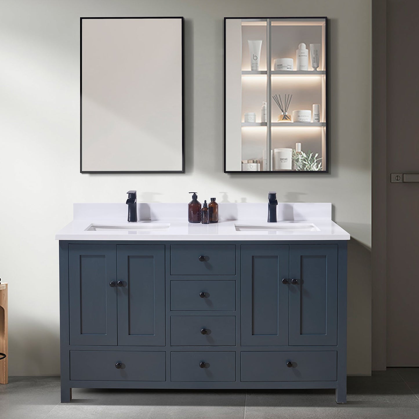 61"  Composite Stone Vanity Top in Snow White with Double White Sink