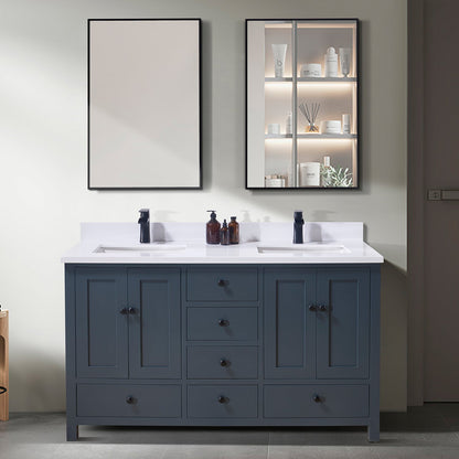 61"  Composite Stone Vanity Top in Snow White with Double White Sink