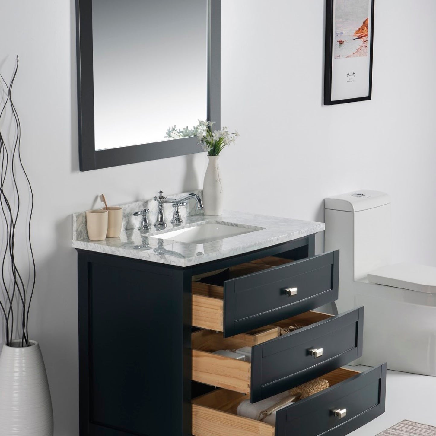 36" Single vanity dark gray white marble top
