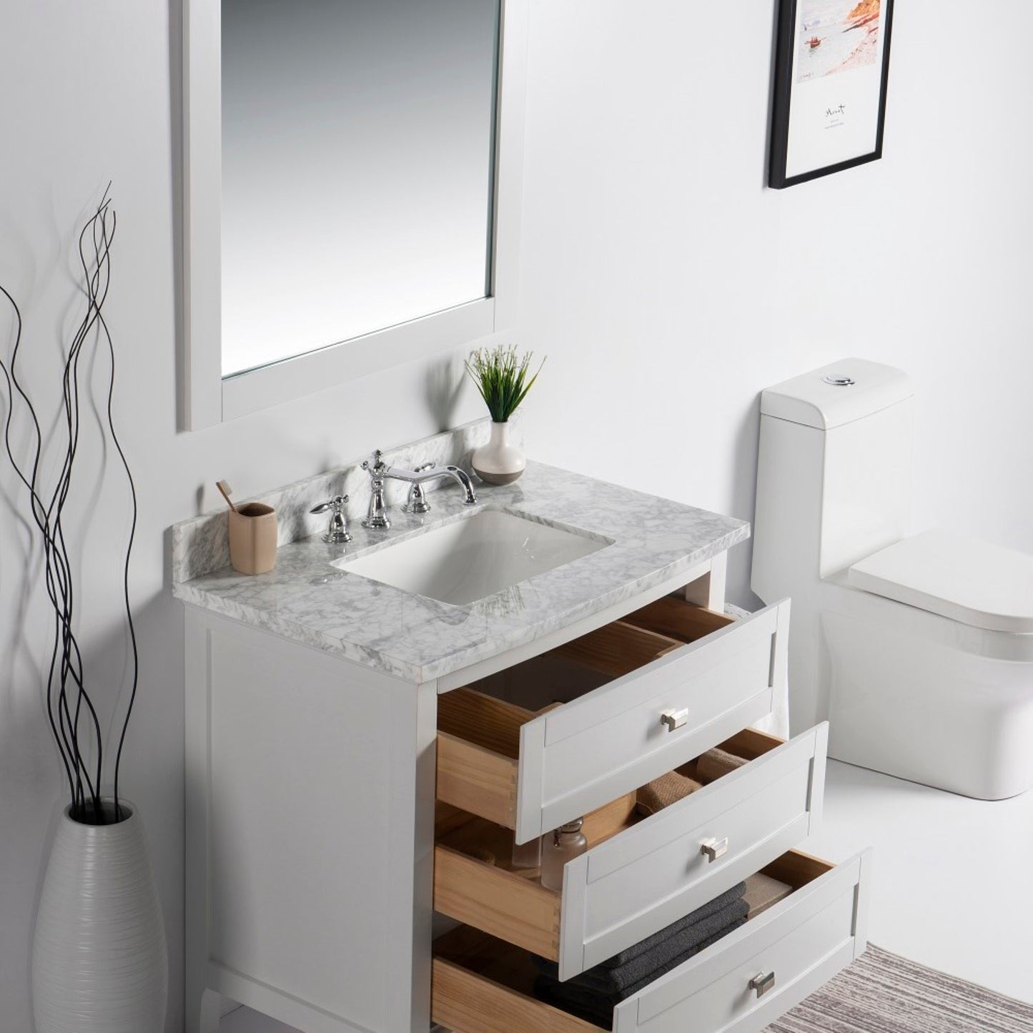 36" Single vanity white white marble top