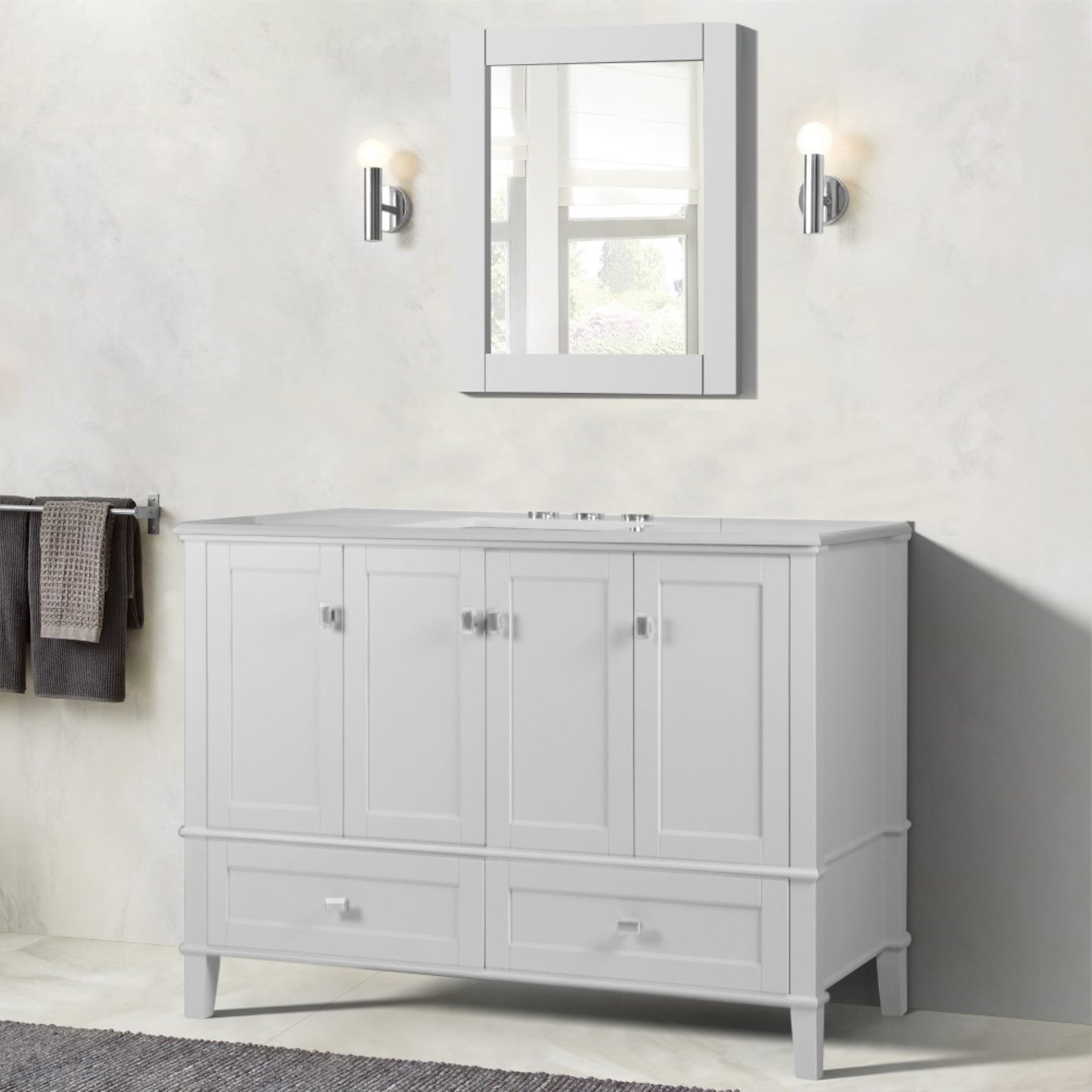 49" SINGLE VANITY IN WHITE WITH ENGINEERED STONE TOP