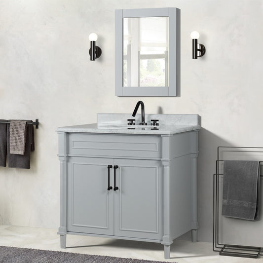 36" SINGLE VANITY IN L/GRAY WITH WHITE CARRRA MARBLE TOP