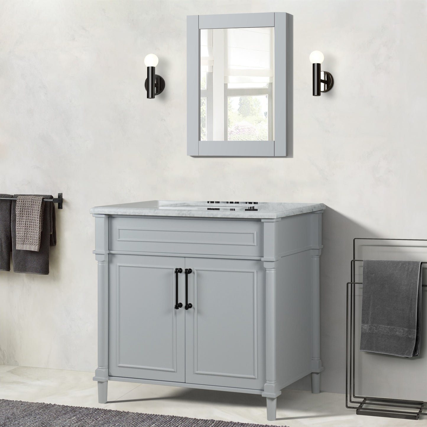 36" SINGLE VANITY IN L/GRAY WITH WHITE CARRRA MARBLE TOP