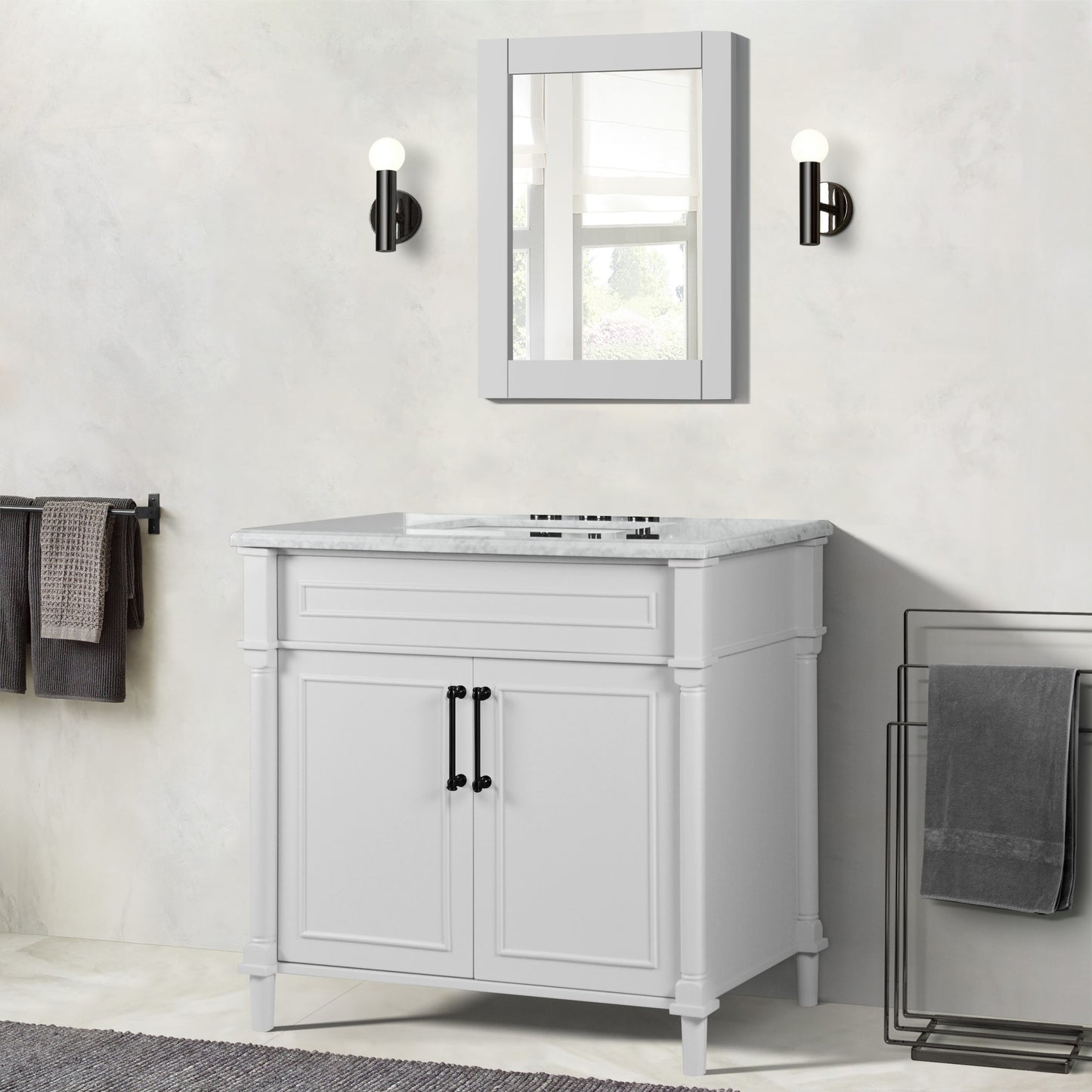 36" SINGLE VANITY IN WHITE WITH WHITE CARRRA MARBLE TOP