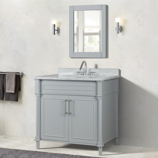 36" SINGLE VANITY IN L/GRAY WITH WHITE CARRRA MARBLE TOP