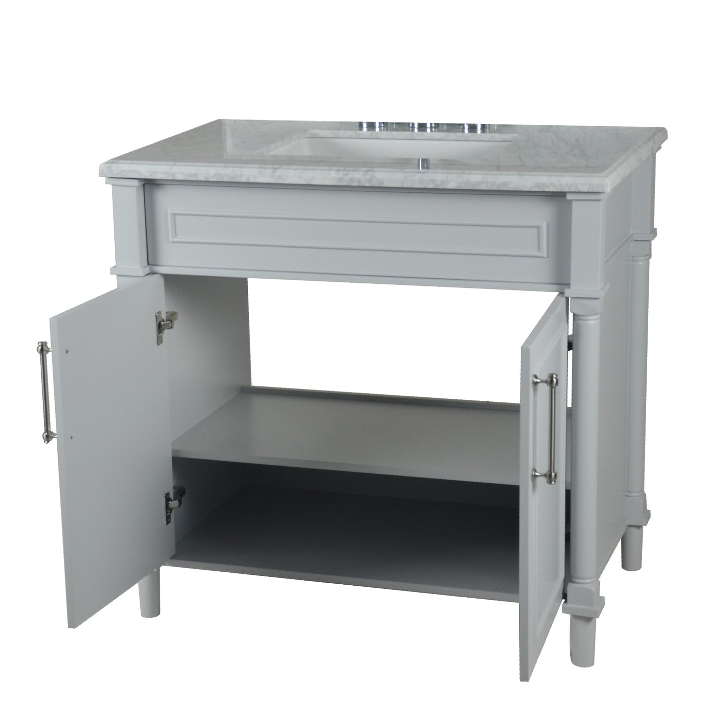 36" SINGLE VANITY IN L/GRAY WITH WHITE CARRRA MARBLE TOP