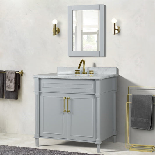 36" SINGLE VANITY IN L/GRAY WITH WHITE CARRRA MARBLE TOP