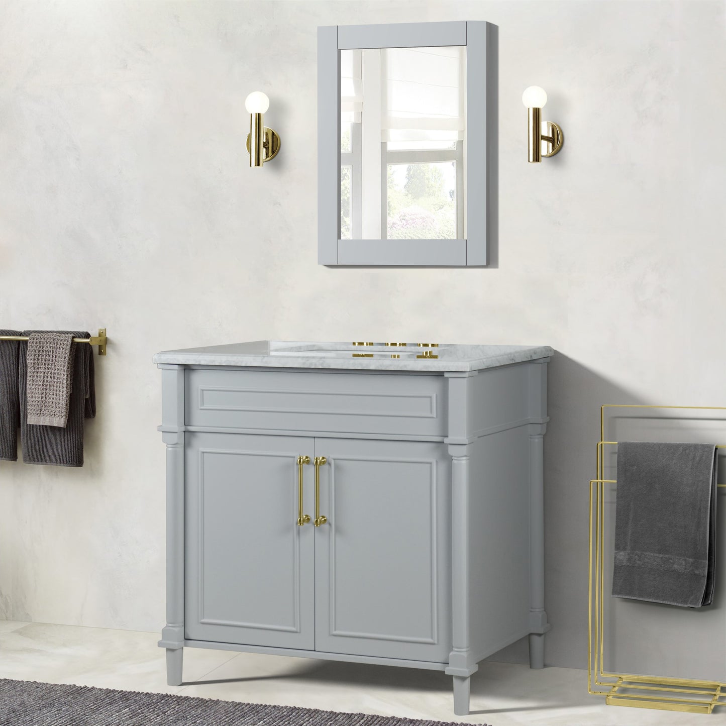 36" SINGLE VANITY IN L/GRAY WITH WHITE CARRRA MARBLE TOP
