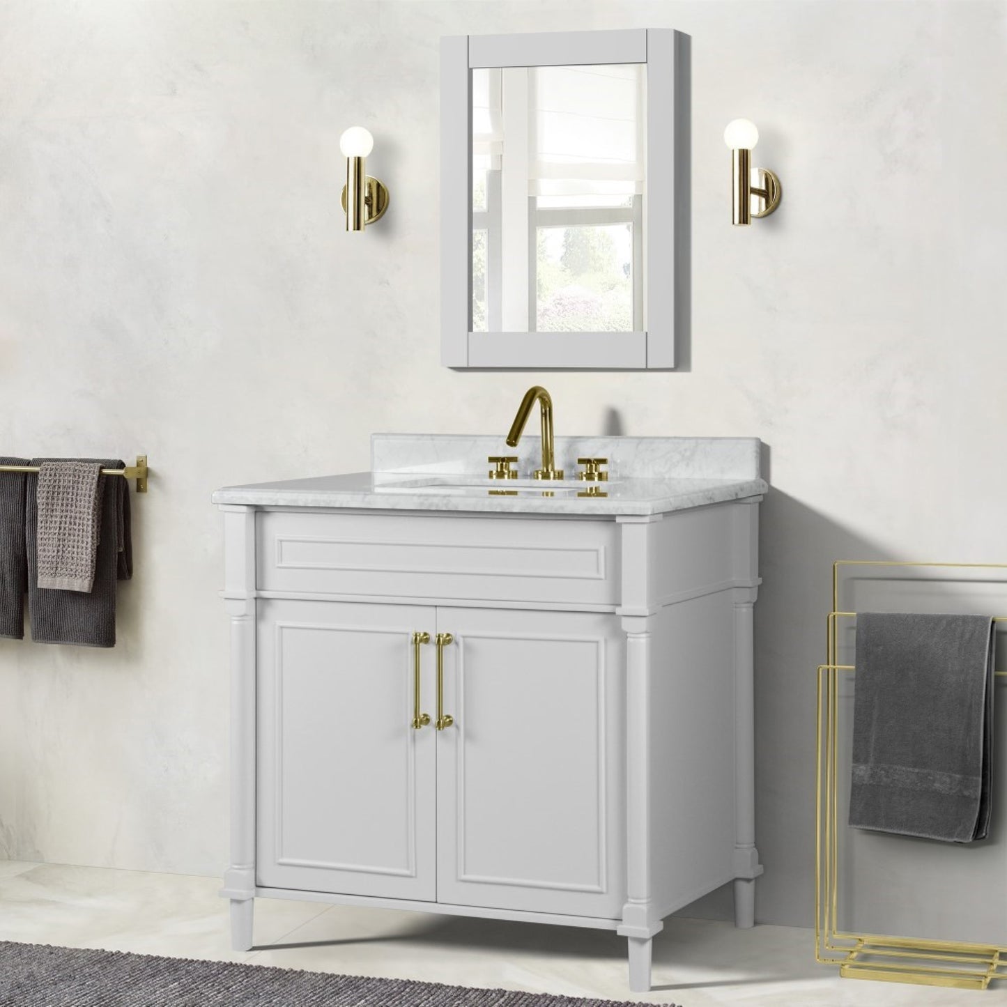 36" SINGLE VANITY IN WHITE WITH WHITE CARRRA MARBLE TOP