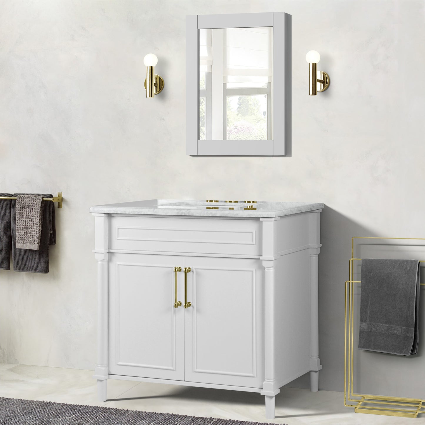 36" SINGLE VANITY IN WHITE WITH WHITE CARRRA MARBLE TOP