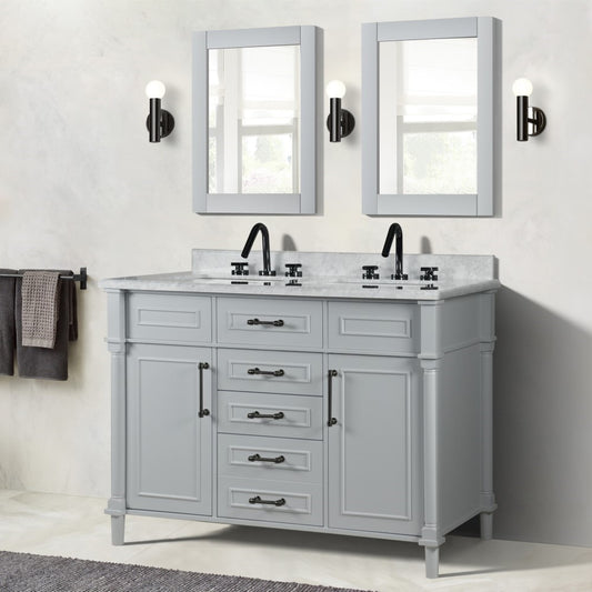48" DOUBLE VANITY IN L/GRAY WITH WHITE CARRRA MARBLE TOP