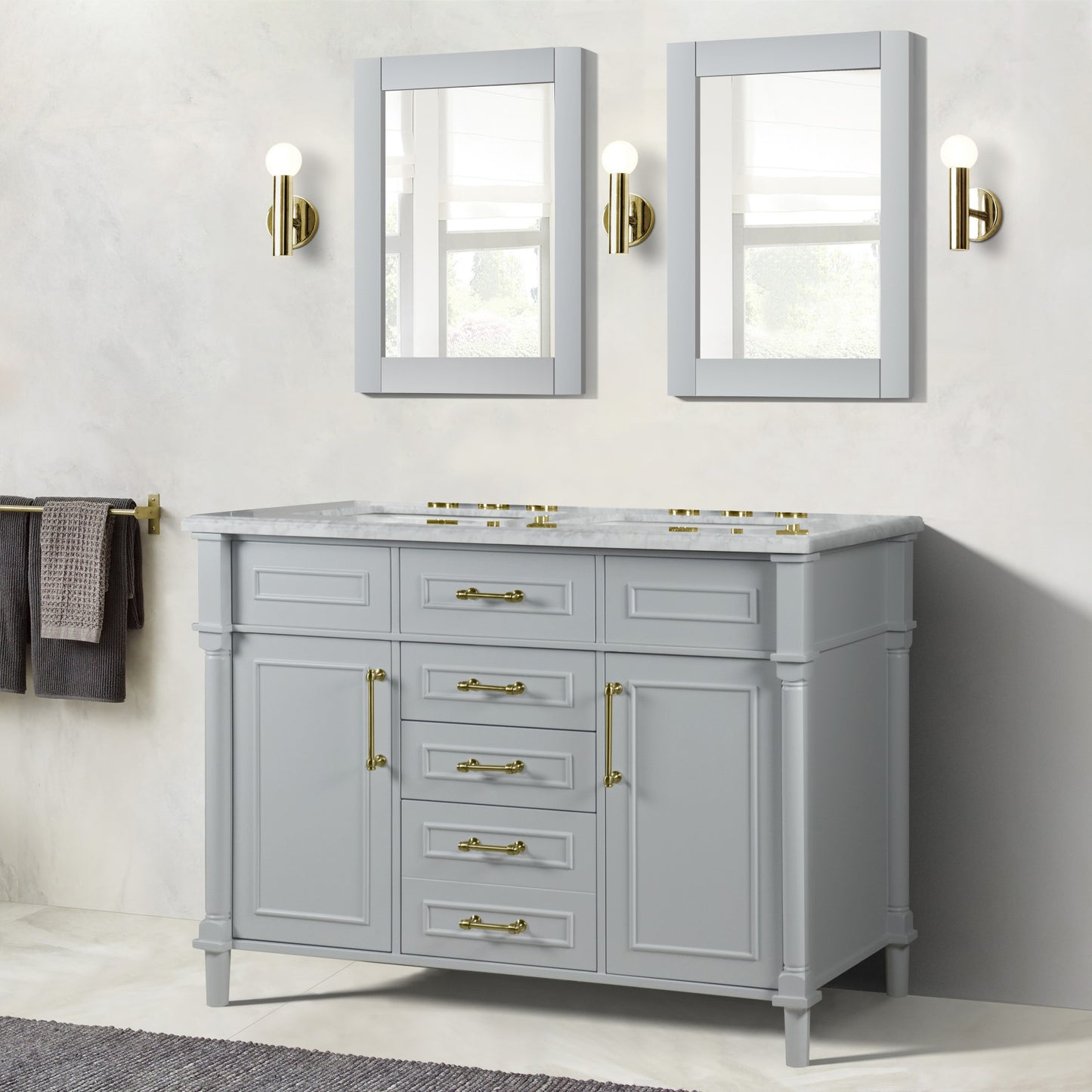 48" DOUBLE VANITY IN L/GRAY WITH WHITE CARRRA MARBLE TOP