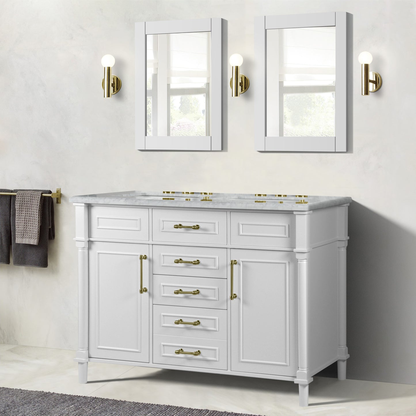 48" DOUBLE VANITY IN WHITE WITH WHITE CARRRA MARBLE TOP