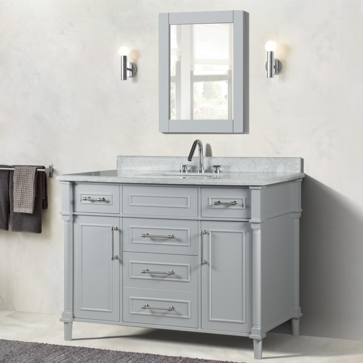 48" SINGLE VANITY IN L/GRAY WITH WHITE CARRRA MARBLE TOP