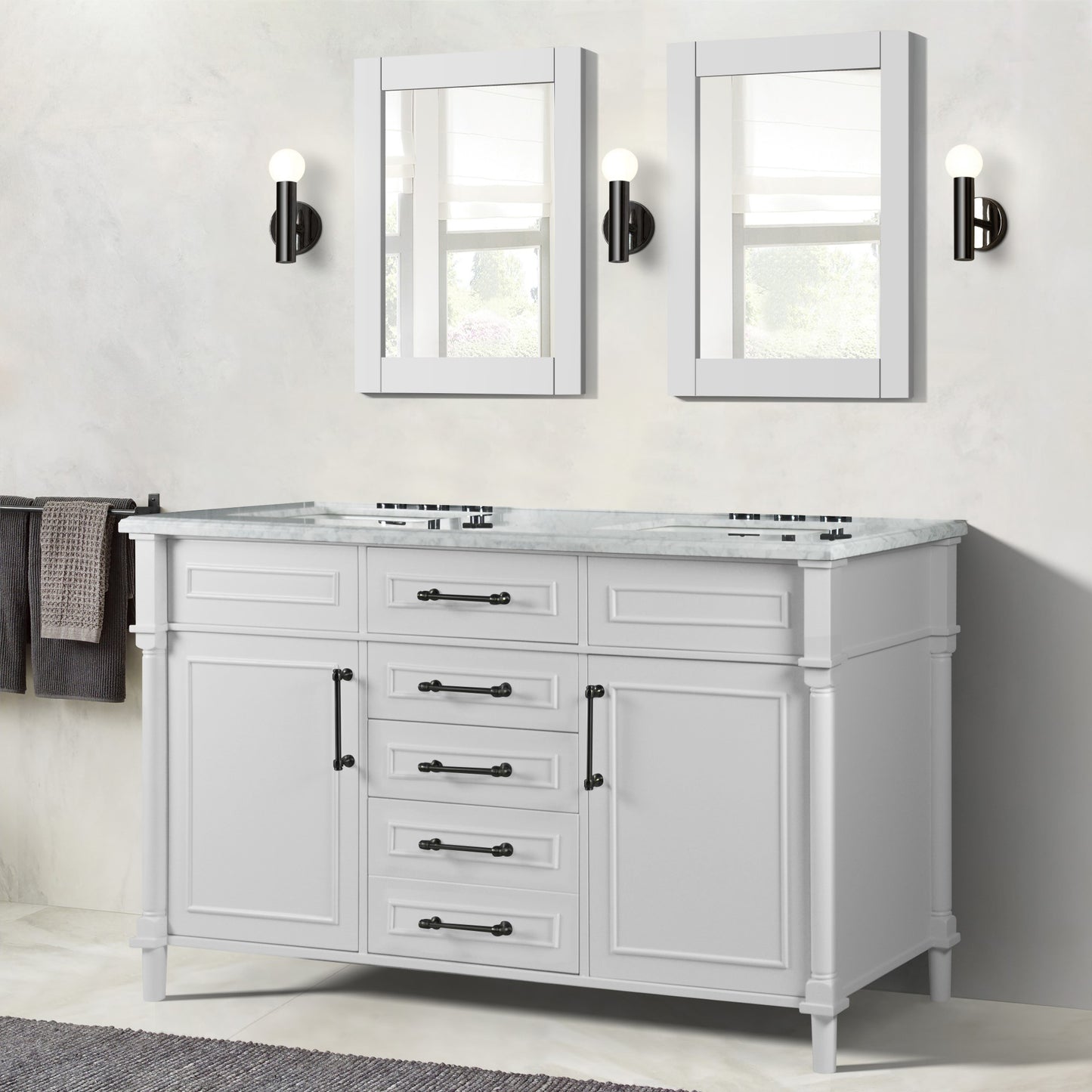 60" DOUBLE VANITY IN WHITE WITH WHITE CARRRA MARBLE TOP