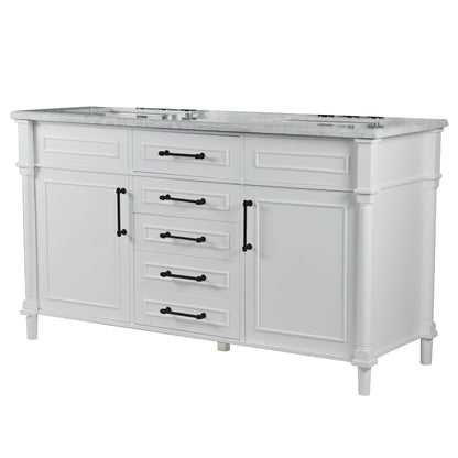 60" DOUBLE VANITY IN WHITE WITH WHITE CARRRA MARBLE TOP