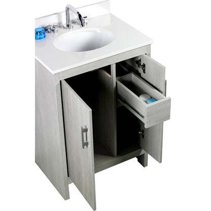 25" Single vanity in Gray Pine finish top with White engineered stone and oval sink
