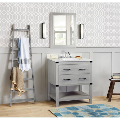 31" Single vanity in Gray Pine finish top with White engineered stone and oval sink