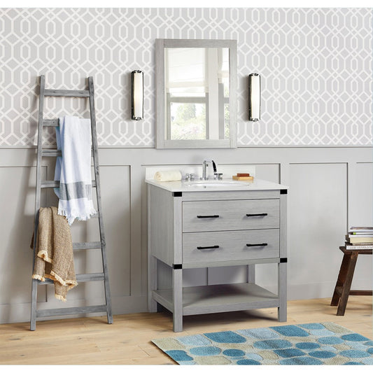 31" Single vanity in Gray Pine finish top with White engineered stone and oval sink
