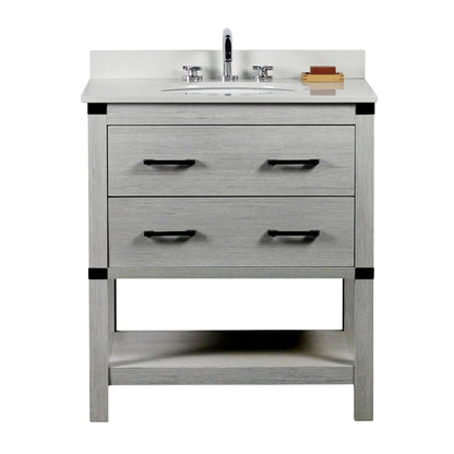 31" Single vanity in Gray Pine finish top with White engineered stone and oval sink