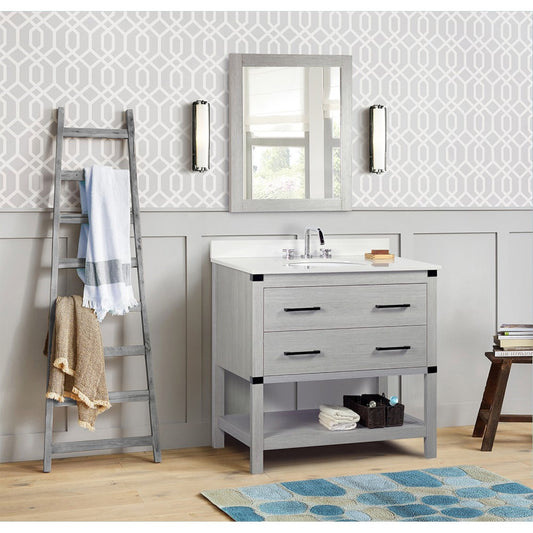37" Single vanity in Gray Pine finish top with White engineered stone and oval sink