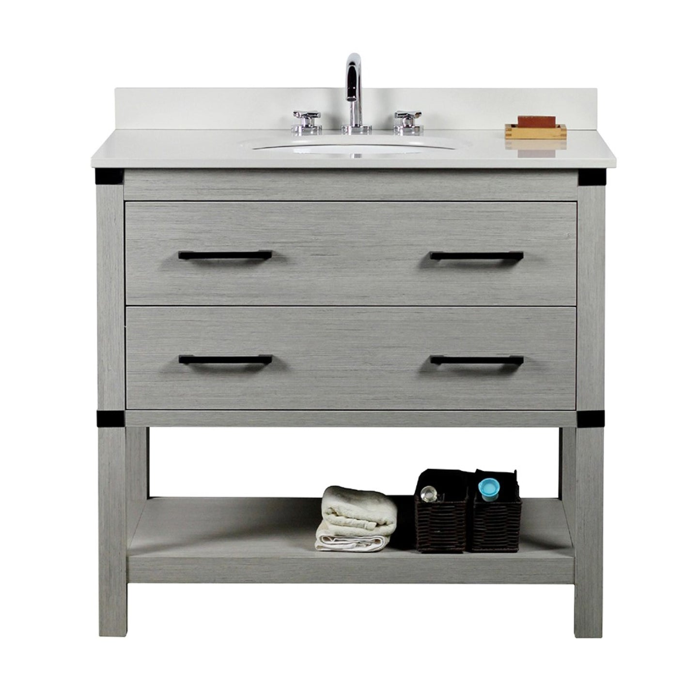 37" Single vanity in Gray Pine finish top with White engineered stone and oval sink
