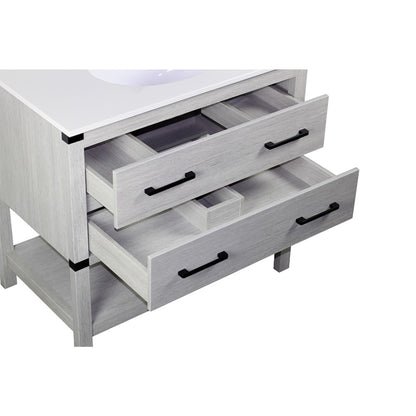 37" Single vanity in Gray Pine finish top with White engineered stone and oval sink
