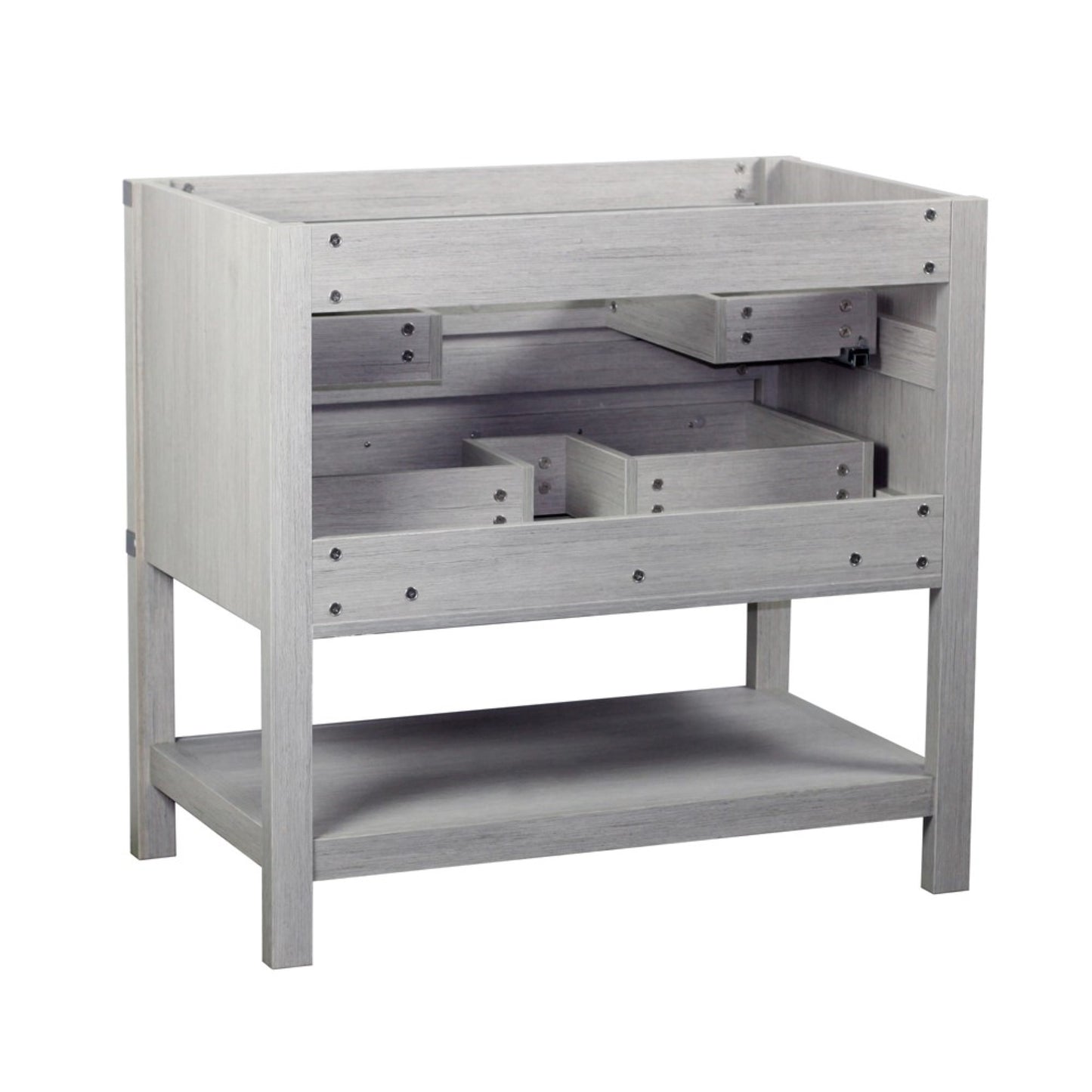 37" Single vanity in Gray Pine finish top with White engineered stone and oval sink