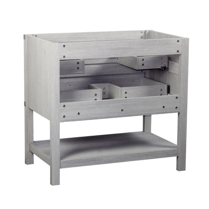 37" Single vanity in Gray Pine finish top with White engineered stone and oval sink