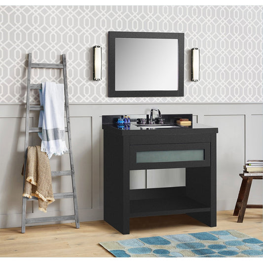 37" Single vanity in Matte Black finish top with Black Galaxy and rectangle sink