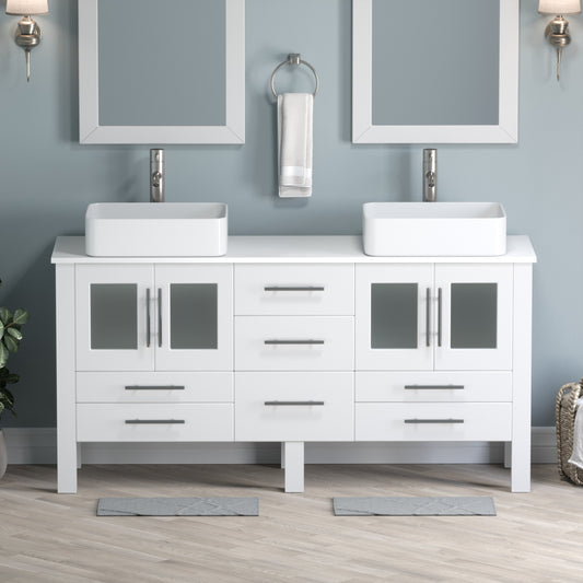 63 Inch White Vanity Set with Brushed Nickel Faucet and Pop Up Drain