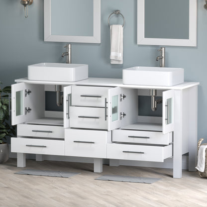63 Inch White Vanity Set with Brushed Nickel Faucet and Pop Up Drain