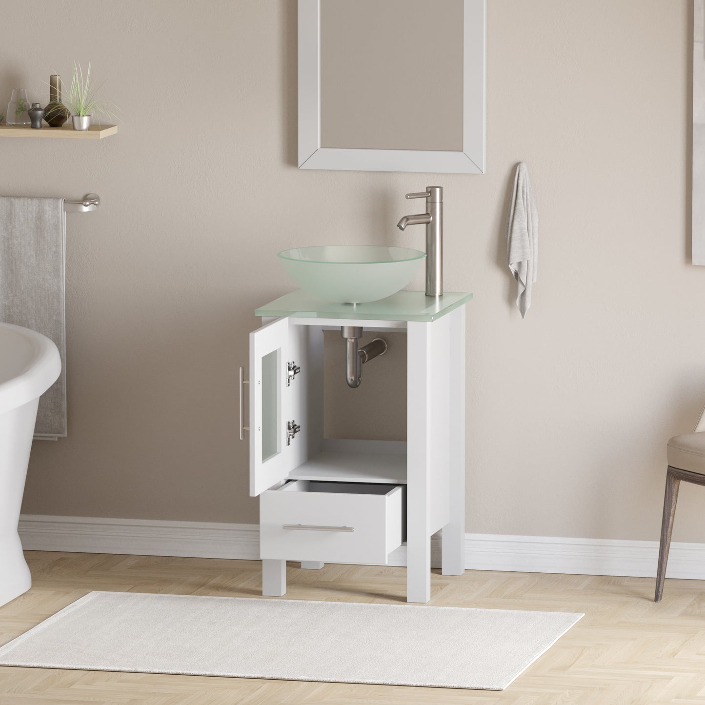 Complete 18" Wood and Glass Vanity Set with Brushed Nickel Plumbing